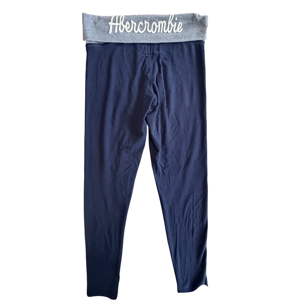 VTG Y2K Abercrombie & Fitch Retro Fold Over Waist Leggings Navy Blue/Gray Logo M - Picture 2 of 7